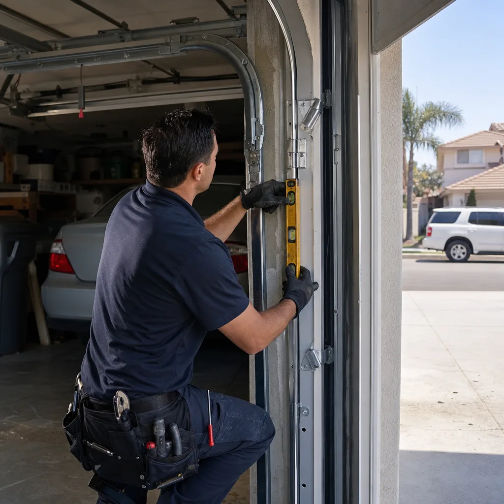 Technician using a level to repair a garage door track