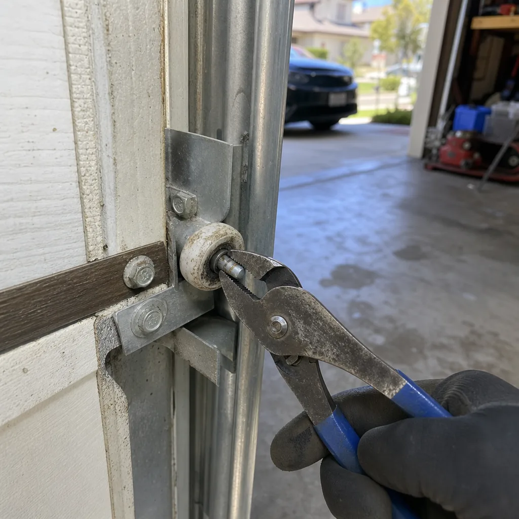 Close-up of a technician repairing a garage door roller on track